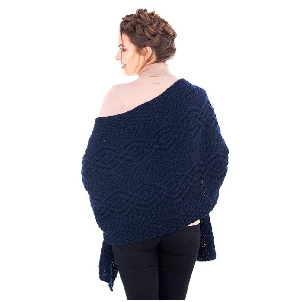 Saol Navy Blue Cable Knit Shawl Scarf 100% Merino Wool NWOT